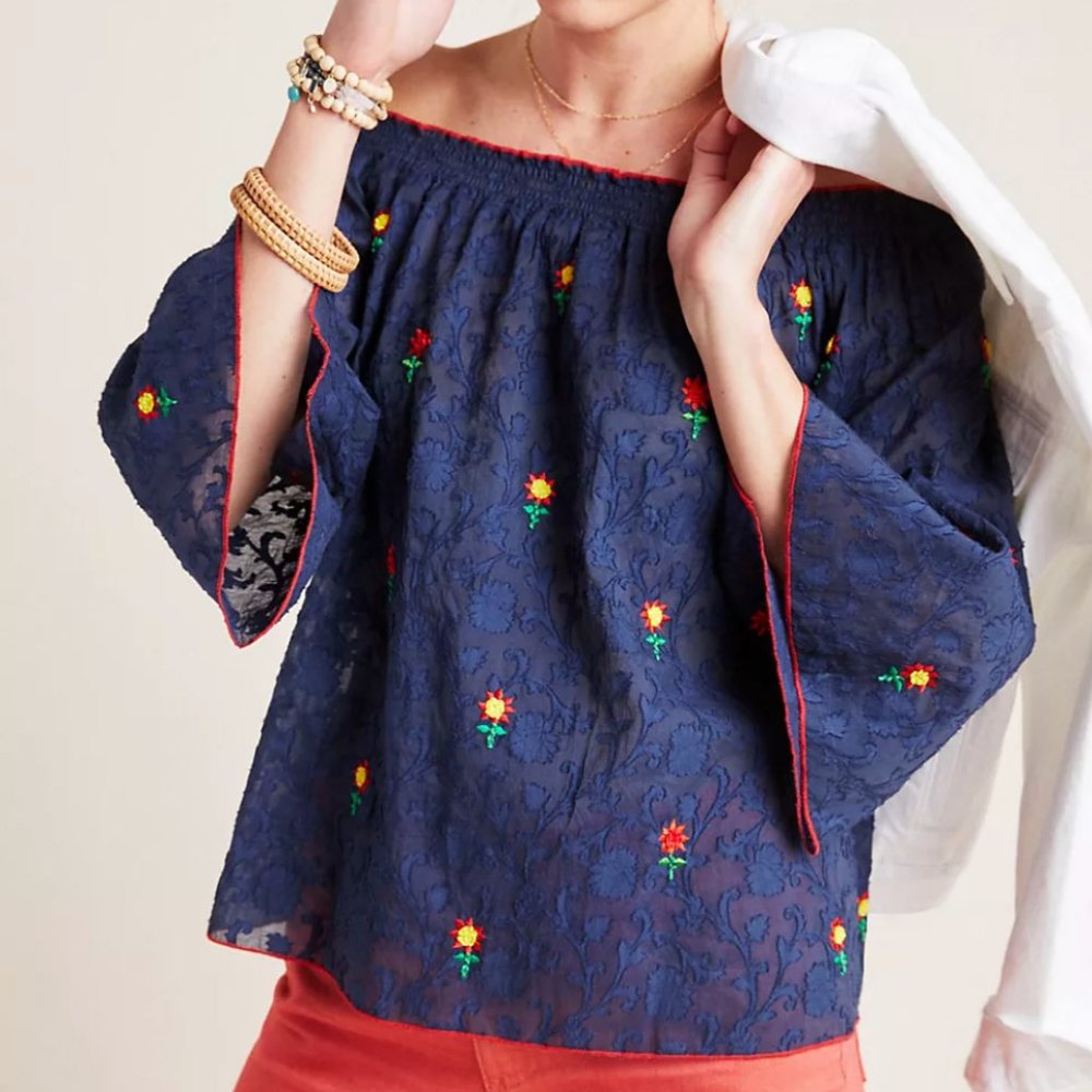 ANTHROPOLOGIE/ PAYAL JAIN Jayna Embroidered Off The Shoulder Navy Top - Sz XS - Picture 4 of 11
